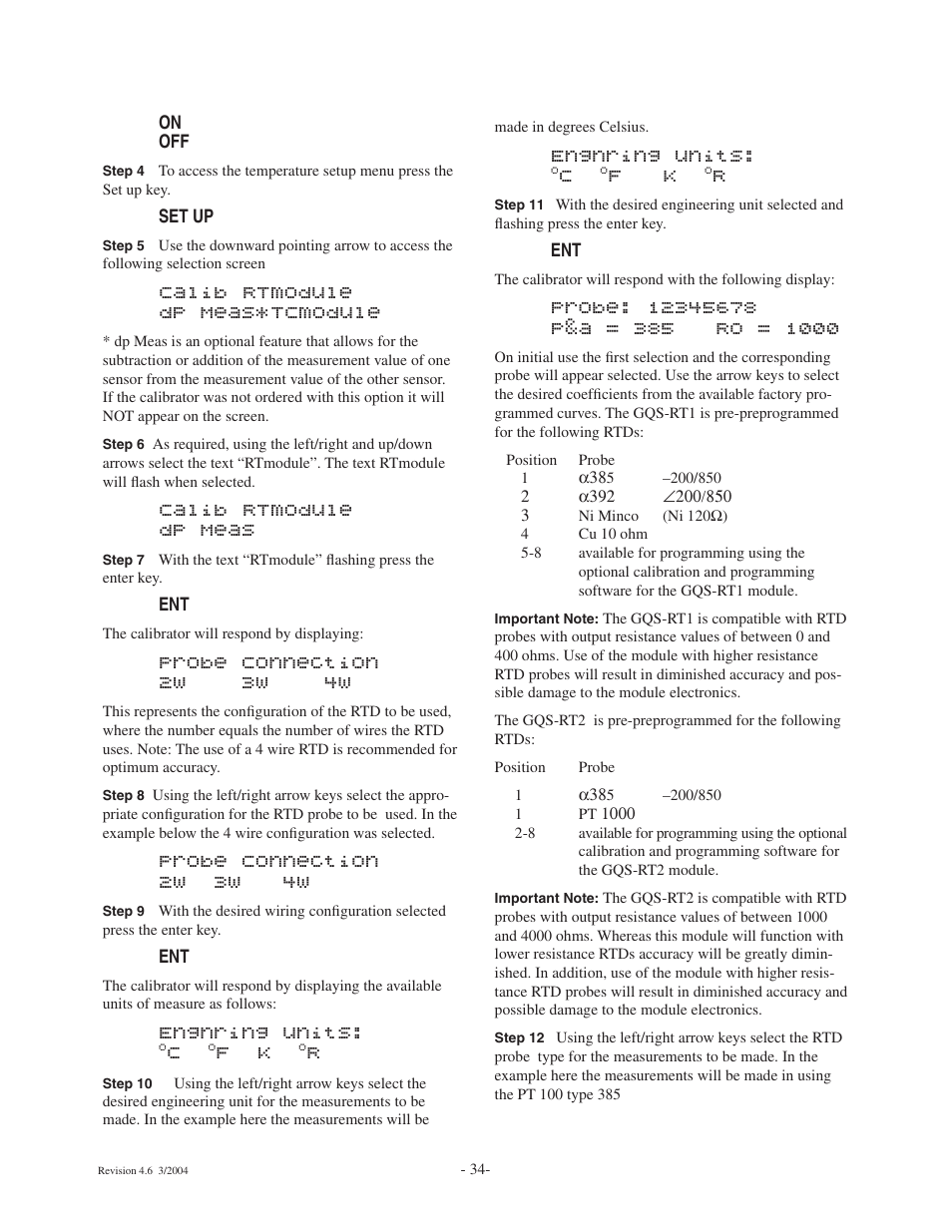 Calib rtmodule dp meas* tcmodule, Calib rtmodule dp meas, Probe connection 2w 3w 4w | Engnring units | Ashcroft ATE-100 Handheld LCD Digital Calibrator User Manual | Page 34 / 80