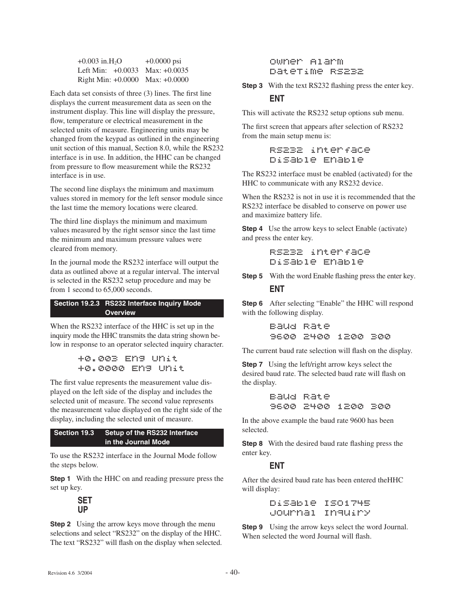 Owner alarm datetime rs232, Rs232 interface disable enable, Disable iso1745 journal inquiry | Ashcroft ATE-100 Handheld LCD Digital Calibrator User Manual | Page 40 / 80