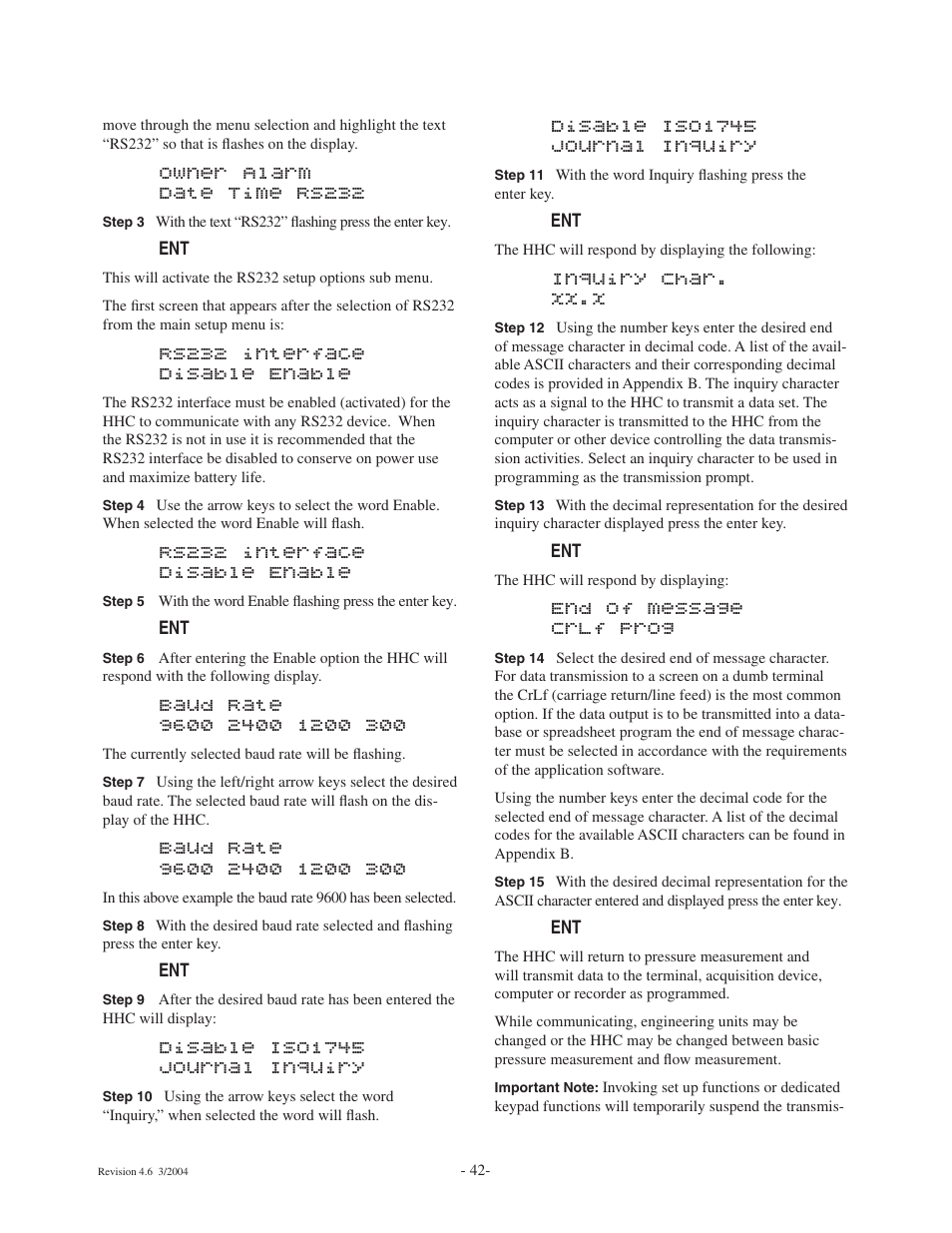 Owner alarm date time rs232, Rs232 interface disable enable, Disable iso1745 journal inquiry | Inquiry char. xx.x, End of message crlf prog | Ashcroft ATE-100 Handheld LCD Digital Calibrator User Manual | Page 42 / 80