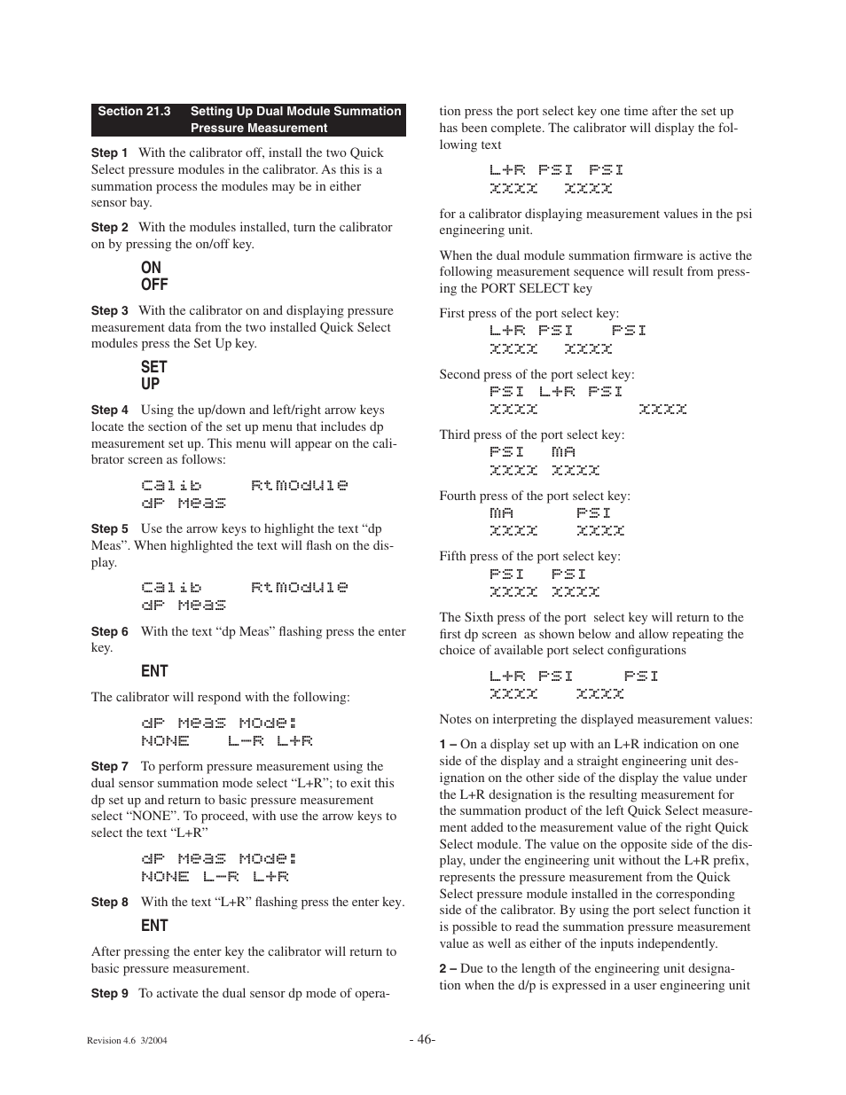 Calib rtmodule dp meas, Dp meas mode: none l-r l+r | Ashcroft ATE-100 Handheld LCD Digital Calibrator User Manual | Page 46 / 80