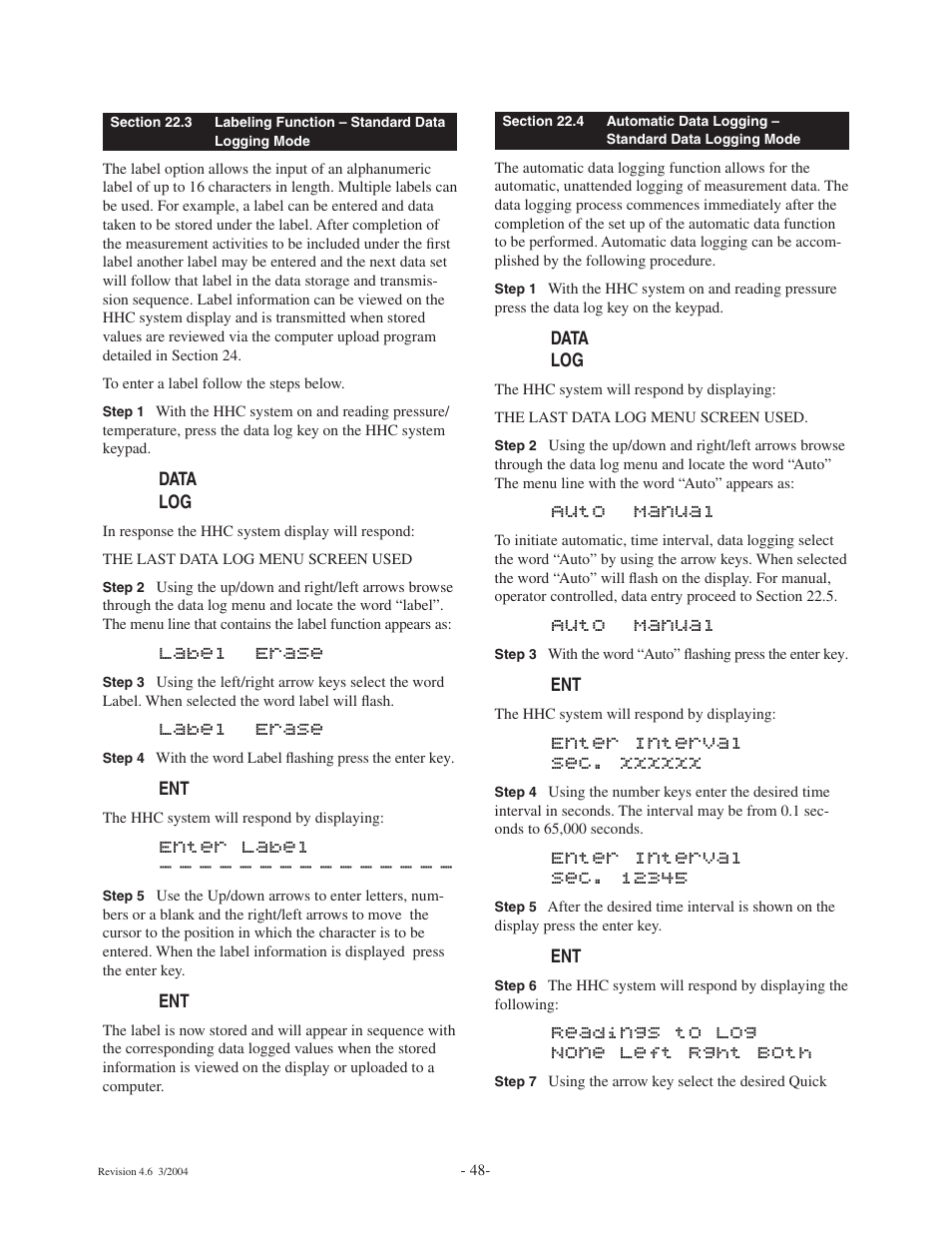 Label erase, Enter label, Auto manual | Readings to log none left rght both | Ashcroft ATE-100 Handheld LCD Digital Calibrator User Manual | Page 48 / 80
