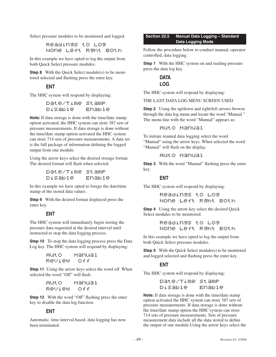 Readings to log none left rght both, Date/time stamp disable enable, Auto manual review off | Auto manual | Ashcroft ATE-100 Handheld LCD Digital Calibrator User Manual | Page 49 / 80