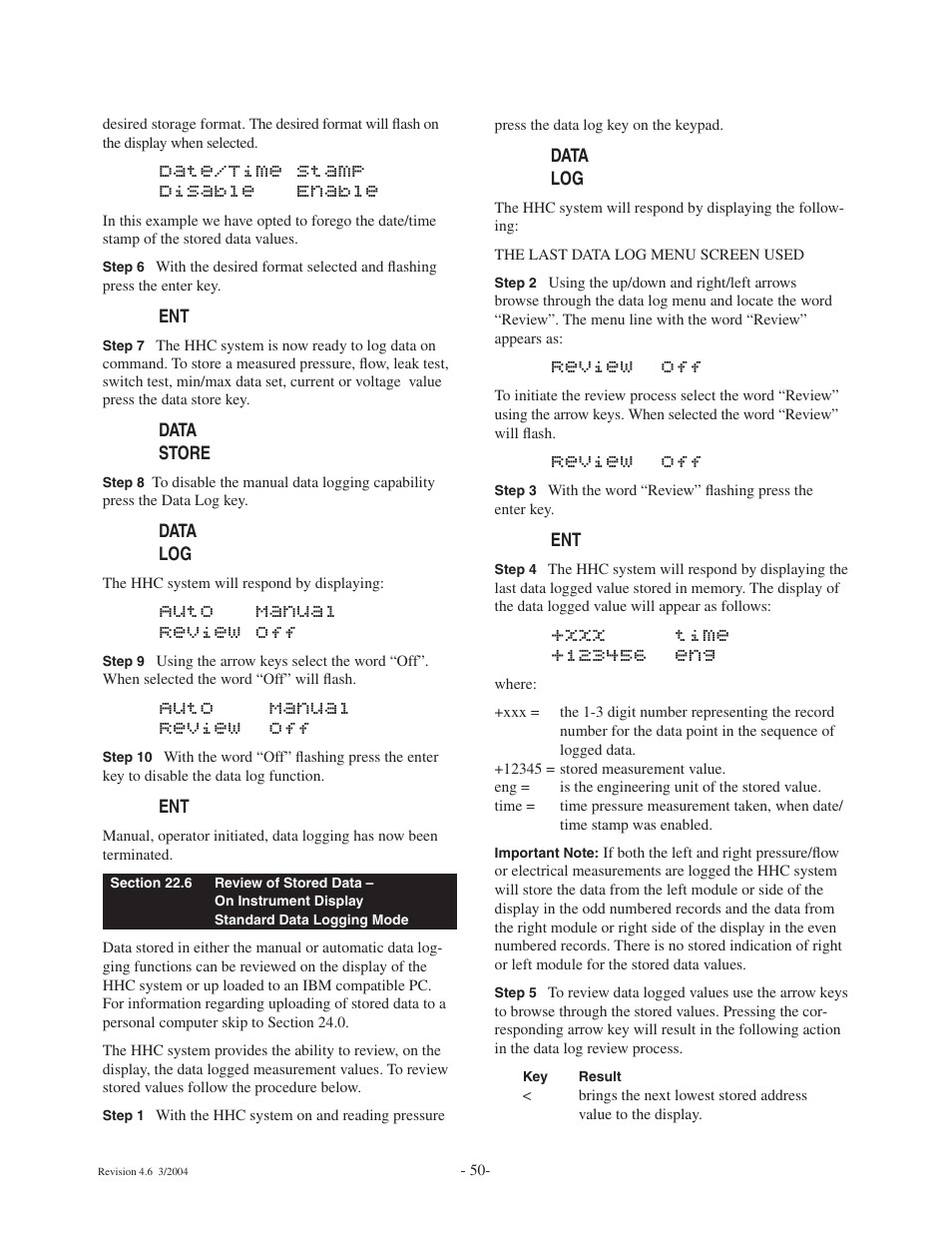Date/time stamp disable enable, Auto manual review off, Review off | Ashcroft ATE-100 Handheld LCD Digital Calibrator User Manual | Page 50 / 80