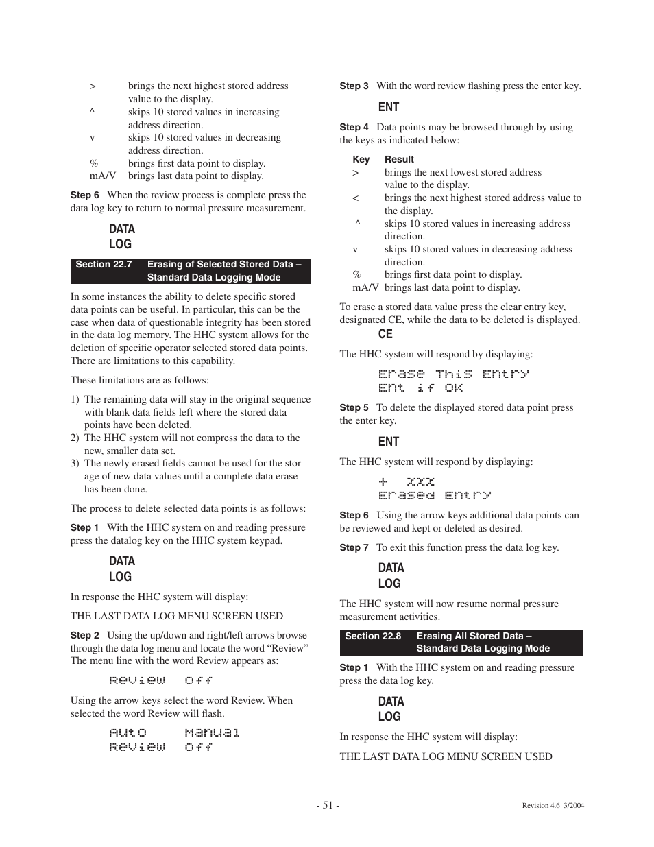 Review off, Auto manual review off, Erase this entry ent if ok | Xxx erased entry | Ashcroft ATE-100 Handheld LCD Digital Calibrator User Manual | Page 51 / 80