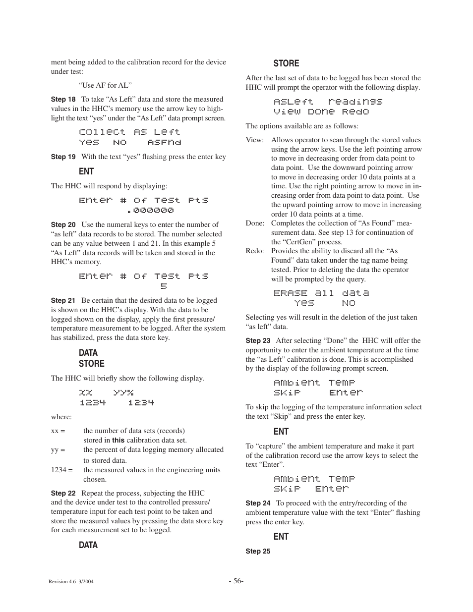 Collect as left yes no asfnd, Enter # of test pts 5, Asleft readings view done redo | Erase all data yes no, Ambient temp skip enter | Ashcroft ATE-100 Handheld LCD Digital Calibrator User Manual | Page 56 / 80