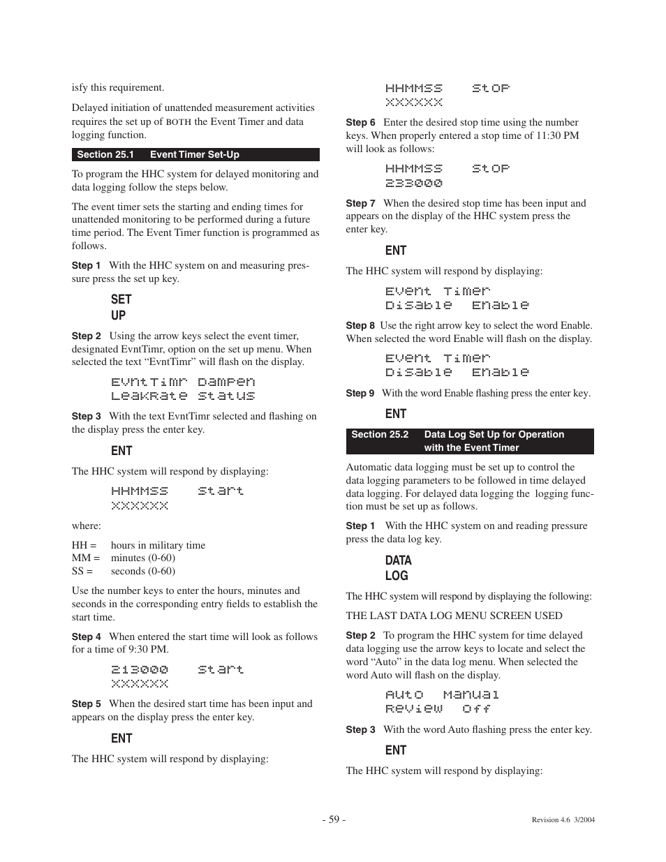 Evnttimr dampen leakrate status, Event timer disable enable, Auto manual review off | Ashcroft ATE-100 Handheld LCD Digital Calibrator User Manual | Page 59 / 80