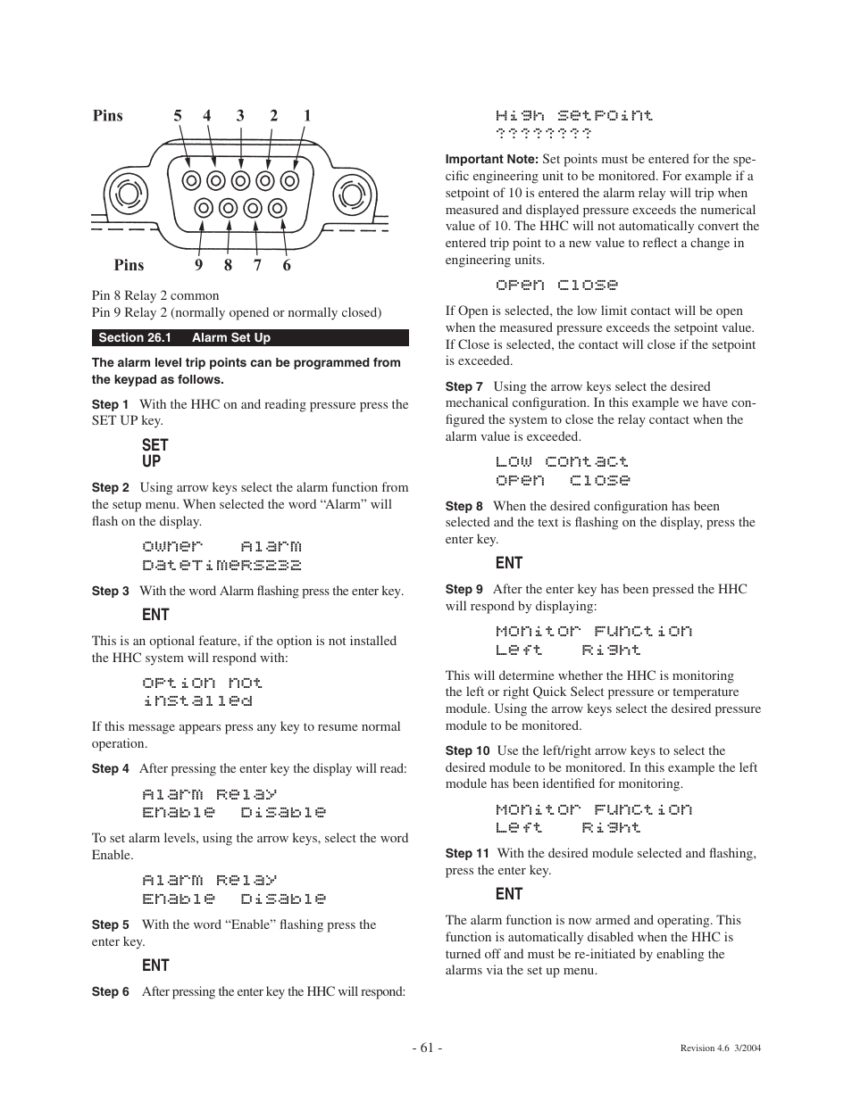 Owner alarm datetimers232, Option not installed, Alarm relay enable disable | High setpoint, Open close, Low contact open close, Monitor function left right | Ashcroft ATE-100 Handheld LCD Digital Calibrator User Manual | Page 61 / 80