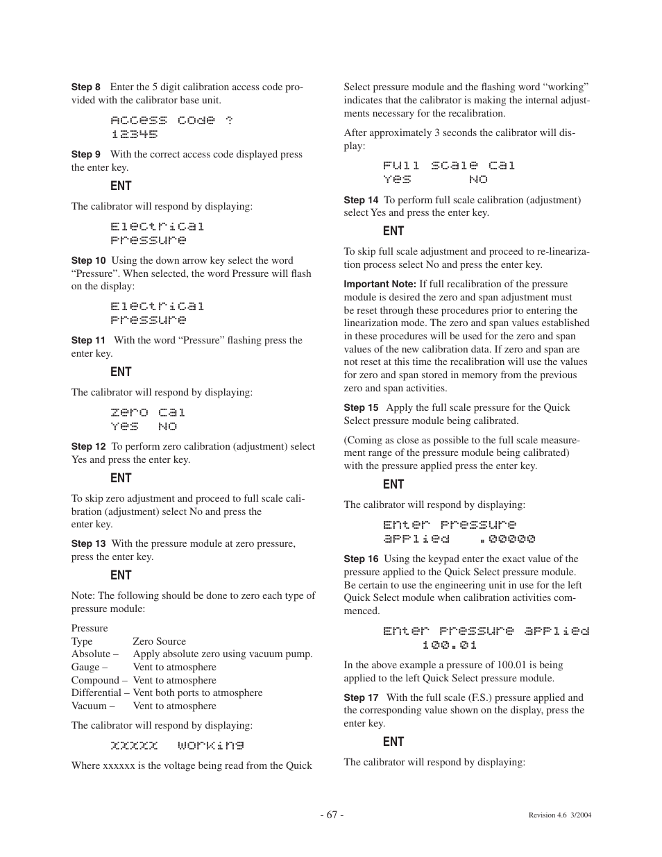 Electrical pressure, Zero cal yes no, Full scale cal yes no | Ashcroft ATE-100 Handheld LCD Digital Calibrator User Manual | Page 67 / 80
