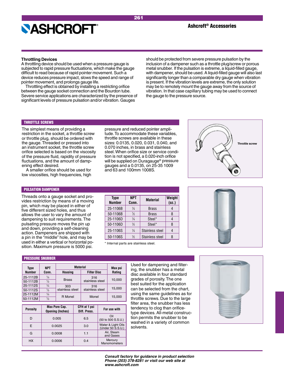 Ary gauges, Throttle screws, Pulsation dampener pressure snubber | Ashcroft, Accessories | Ashcroft Options User Manual | Page 3 / 7