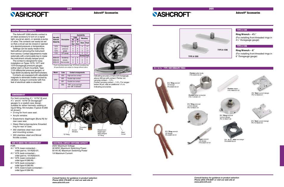 Commercial gauges, Electric warning contacts conversion kit 4, Ring wrench, type a-1285 | 6˝ ring wrench, type a-1286 2, Type 1009 duralife tools, Ashcroft, Accessories, Ring wrench – 4, For installing front threaded rings in 4, Duragauge gauge) | Ashcroft Options User Manual | Page 5 / 7