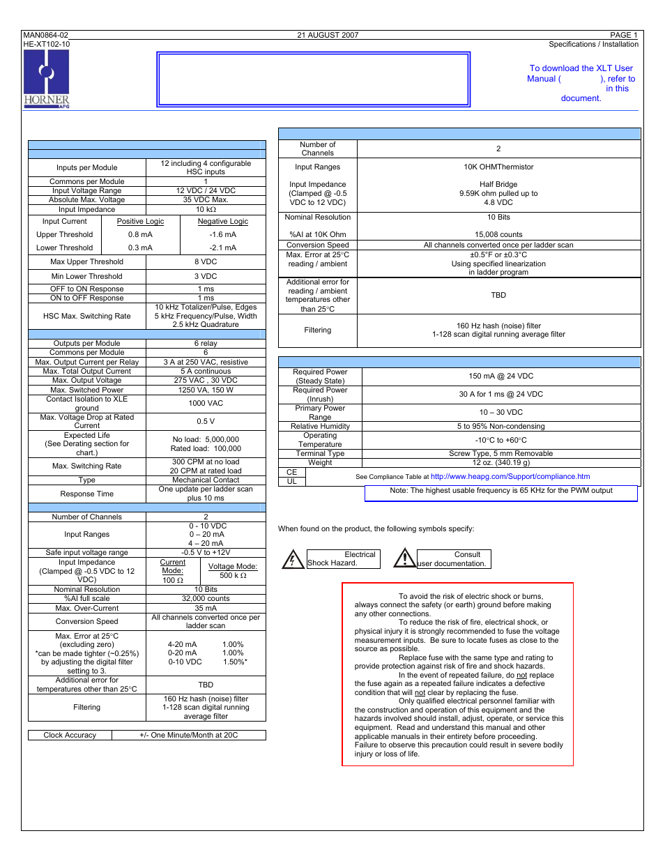 Horner APG XLt OCS HE-XT102-10 User Manual | 4 pages