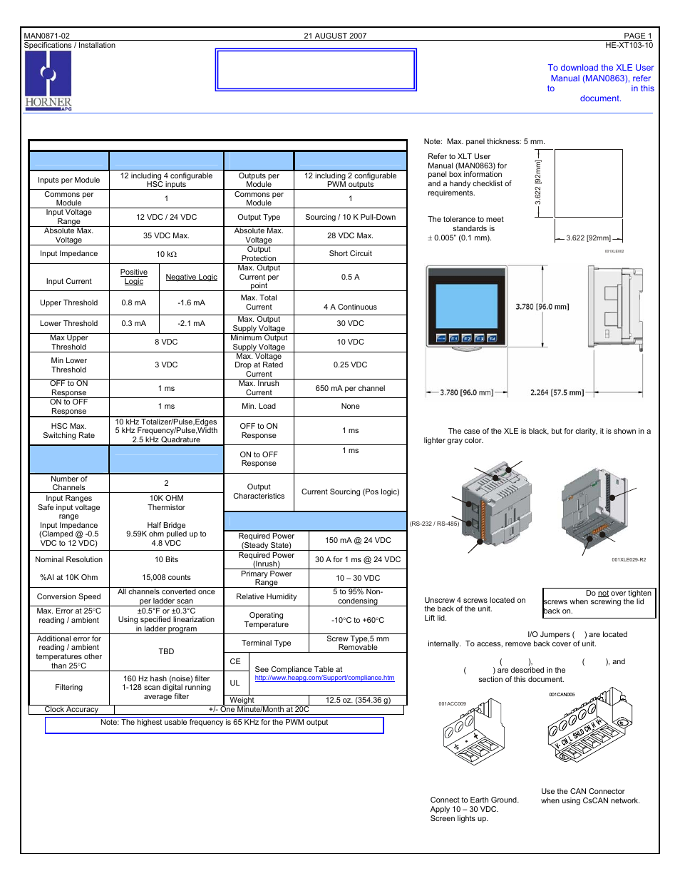 Horner APG XLt OCS HE-XT103-10 User Manual | 4 pages