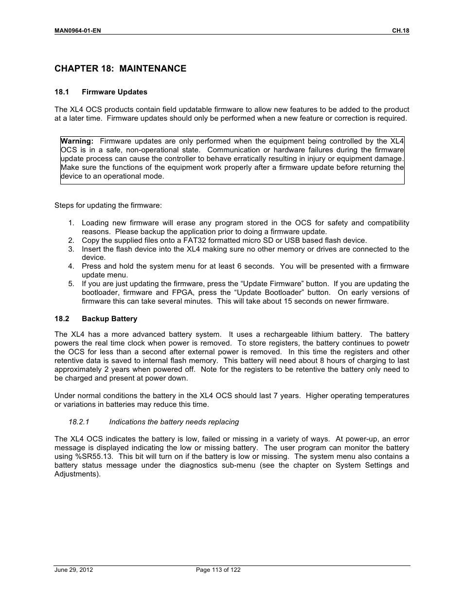 Chapter 18: maintenance | Horner APG XL4 OCS User Manual | Page 113 / 122