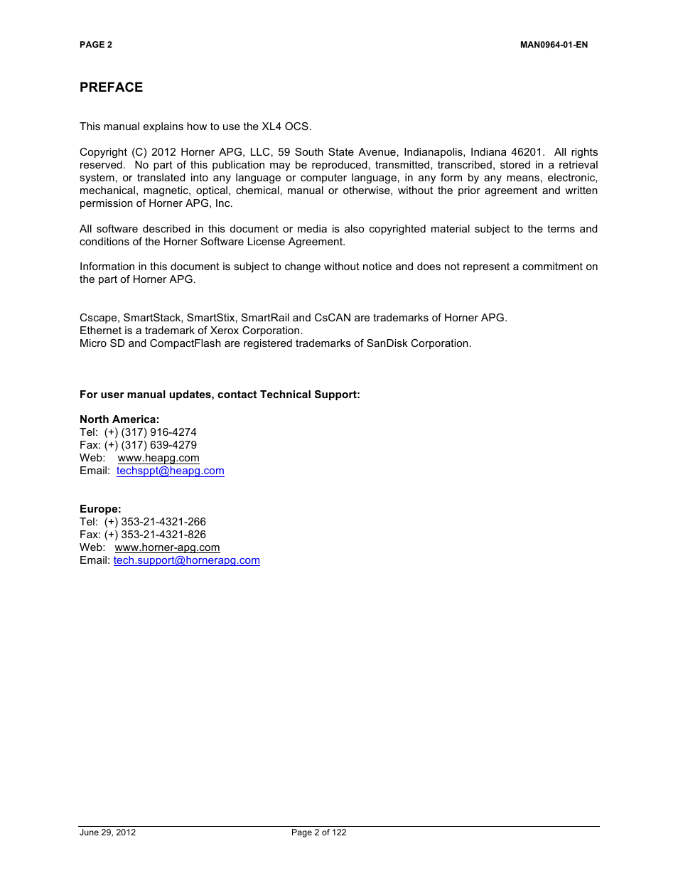 Preface | Horner APG XL4 OCS User Manual | Page 2 / 122