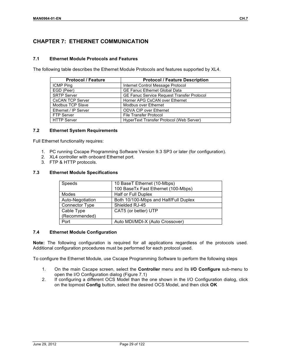 Chapter 7: ethernet communication | Horner APG XL4 OCS User Manual | Page 29 / 122