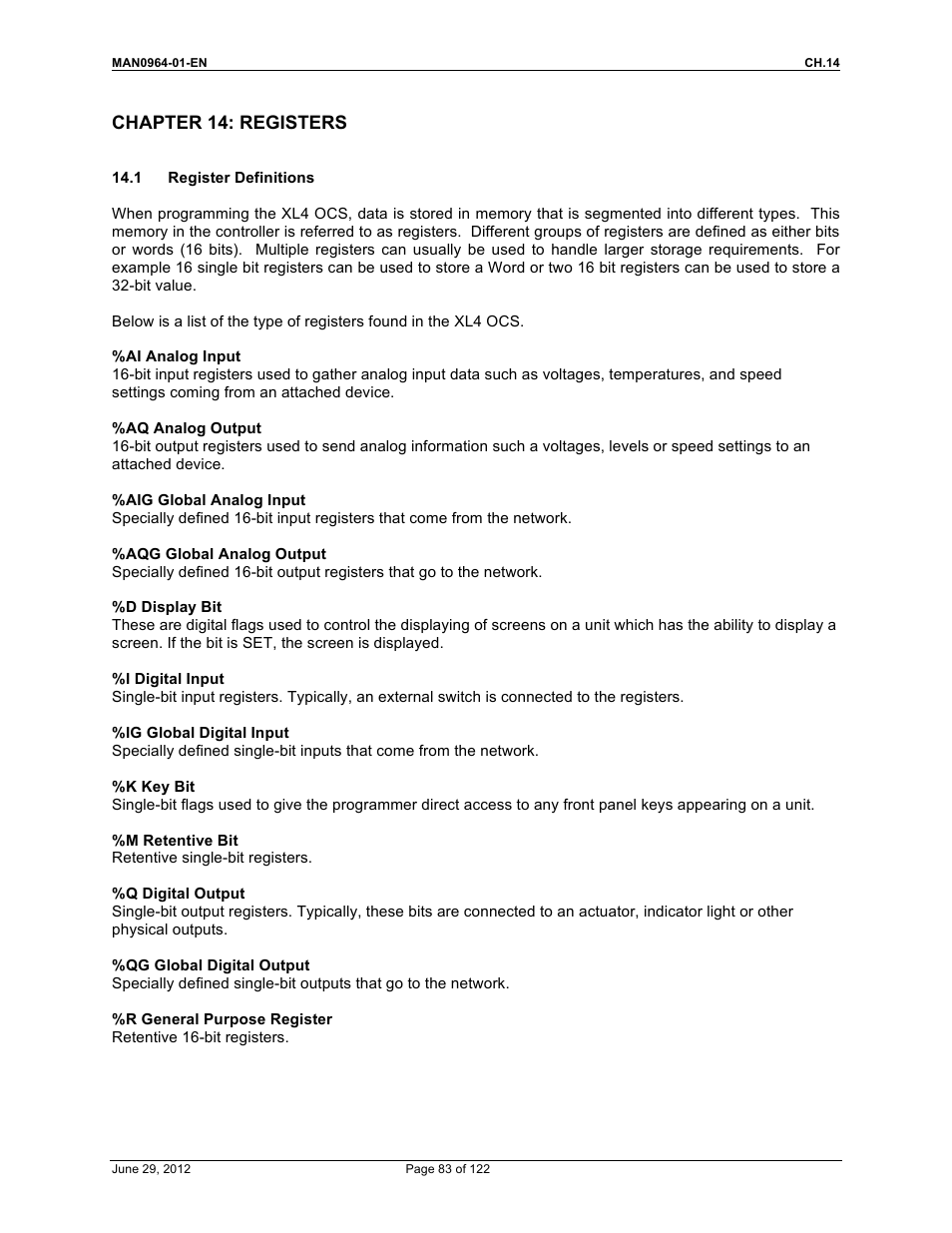 Chapter 14: registers | Horner APG XL4 OCS User Manual | Page 83 / 122