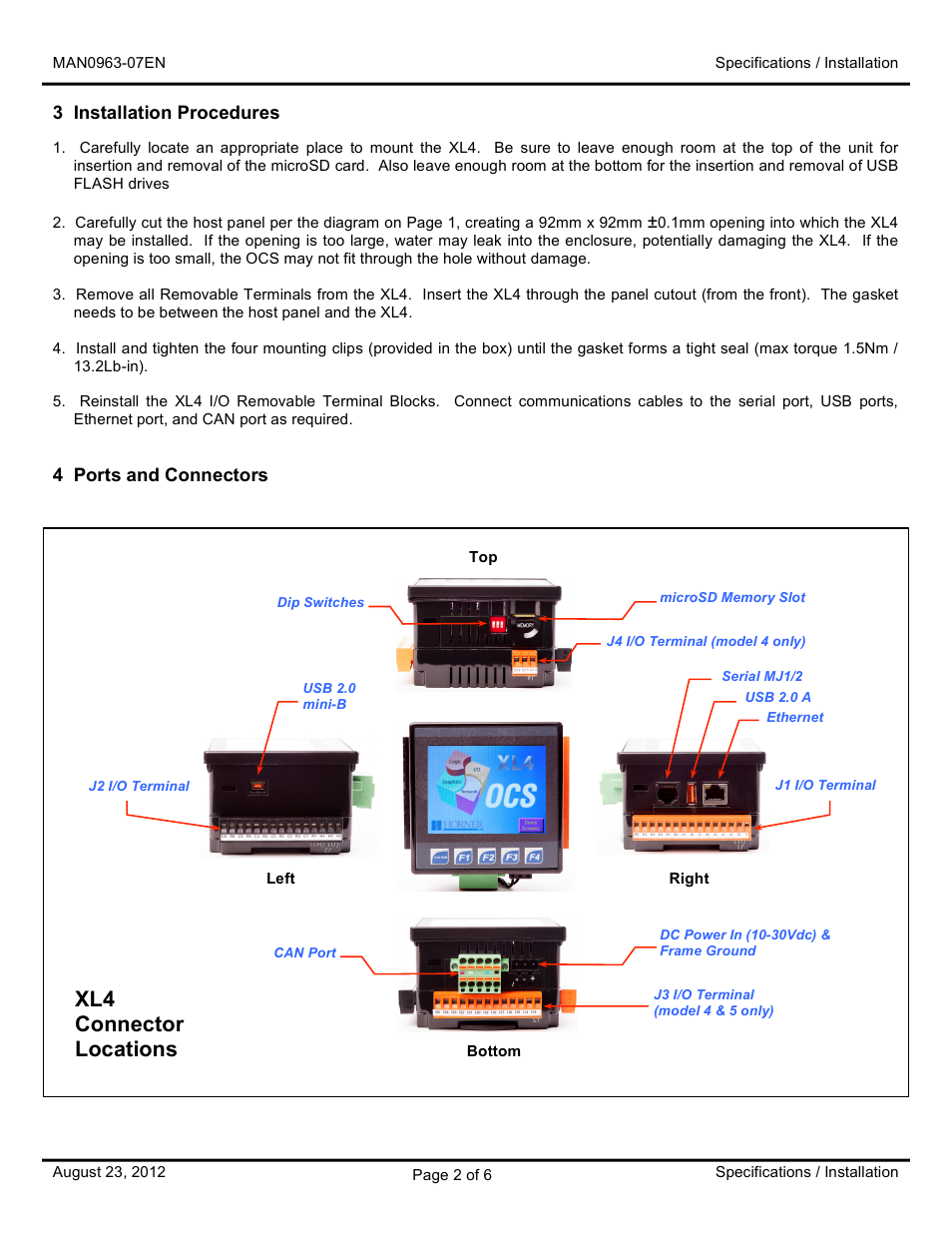 Connector, Locations | Horner APG XL4 OCS User Manual | Page 2 / 6