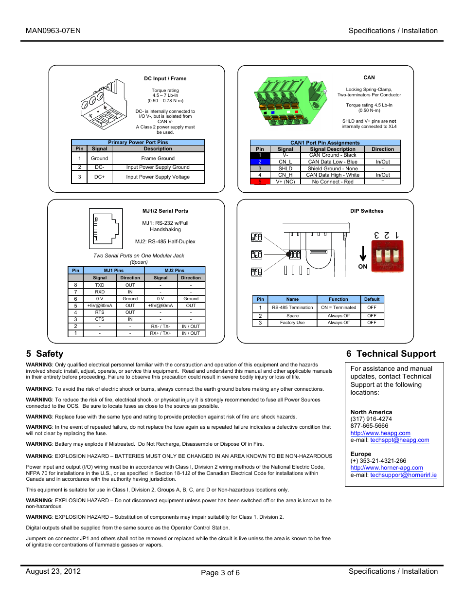 5 safety, 6 technical support | Horner APG XL4 OCS User Manual | Page 3 / 6