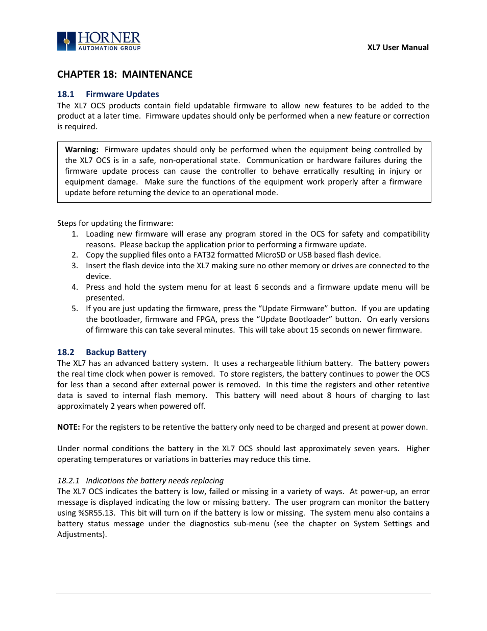 Chapter 18: maintenance, 1 firmware updates, 2 backup battery | 1 indications the battery needs replacing | Horner APG XL7 OCS User Manual | Page 100 / 110