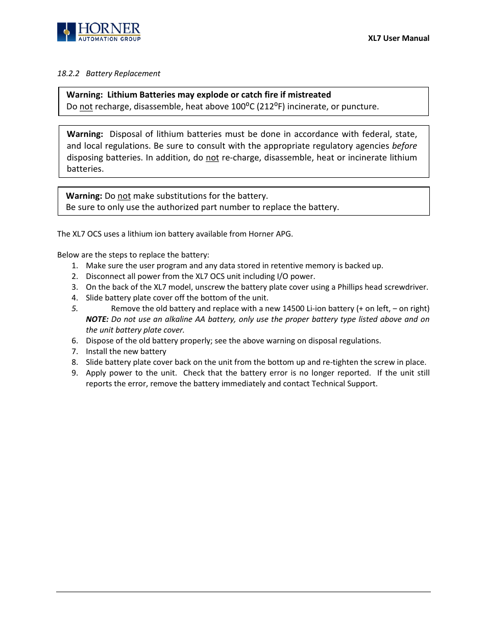 2 battery replacement | Horner APG XL7 OCS User Manual | Page 101 / 110