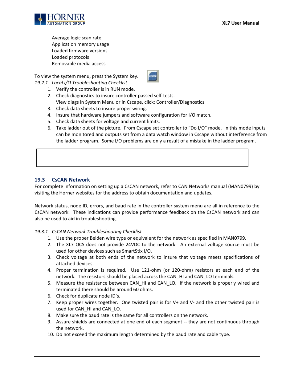 1 local i/o troubleshooting checklist, 3 cscan network, 1 cscan network troubleshooting checklist | Horner APG XL7 OCS User Manual | Page 104 / 110