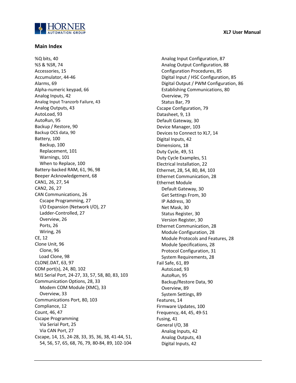 Main index, Index, Index) | Horner APG XL7 OCS User Manual | Page 106 / 110