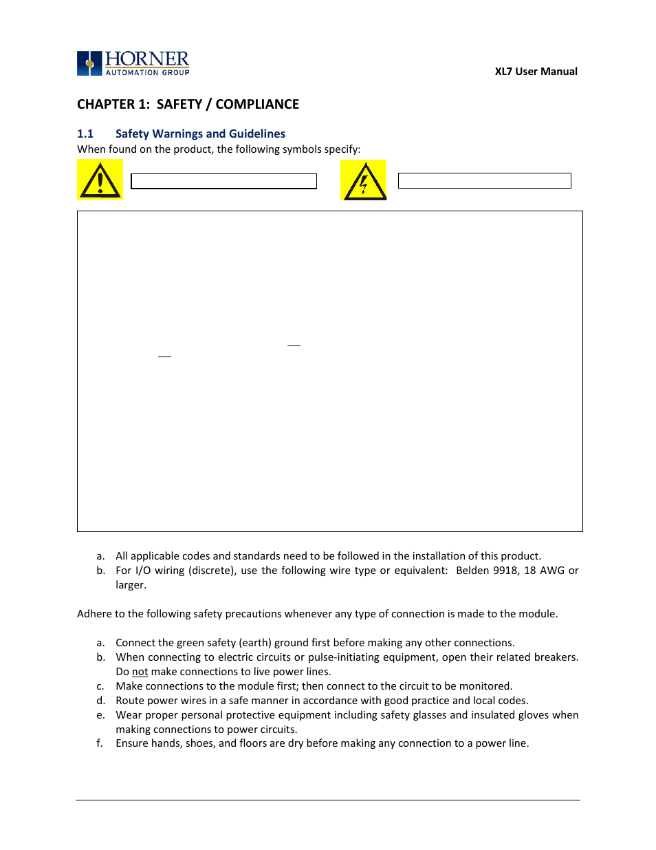 Chapter 1: safety / compliance, 1 safety warnings and guidelines | Horner APG XL7 OCS User Manual | Page 11 / 110