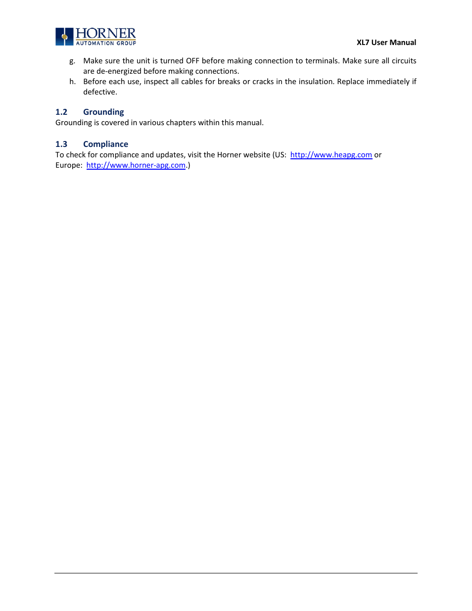 2 grounding, 3 compliance | Horner APG XL7 OCS User Manual | Page 12 / 110