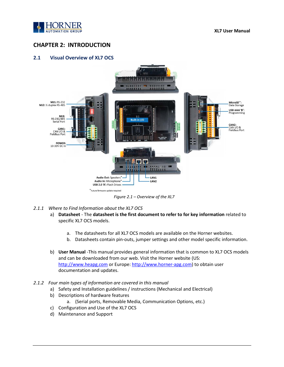 Chapter 2: introduction, 1 visual overview of xl7 ocs, Figure 2.1 – overview of the xl7 | 1 where to find information about the xl7 ocs | Horner APG XL7 OCS User Manual | Page 13 / 110