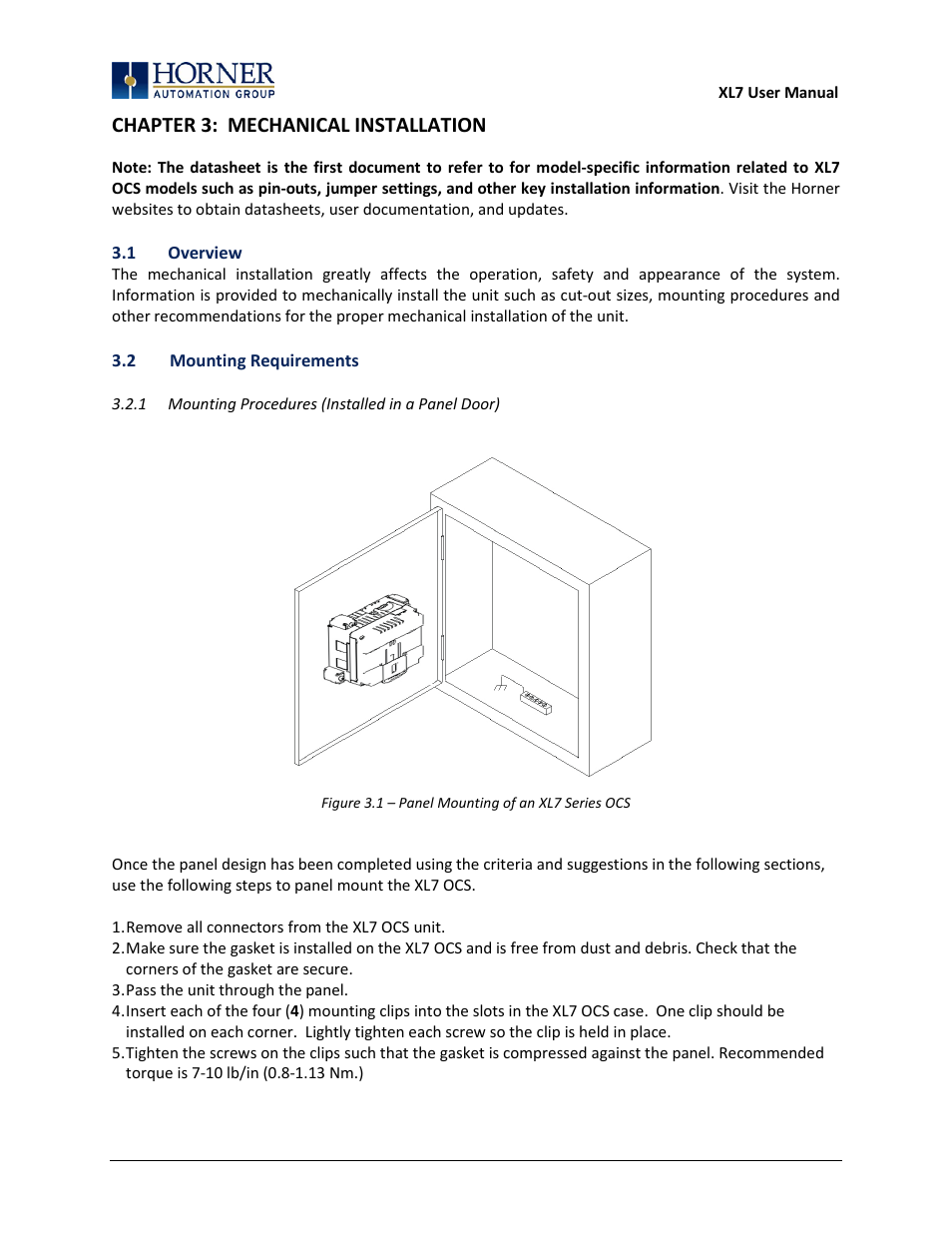 Chapter 3: mechanical installation, 1 overview, 2 mounting requirements | 1 mounting procedures (installed in a panel door) | Horner APG XL7 OCS User Manual | Page 16 / 110