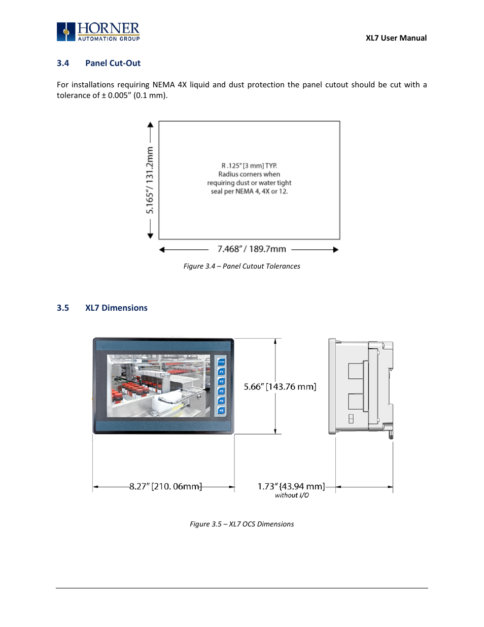 4 panel cut-out, 5 xl7 dimensions | Horner APG XL7 OCS User Manual | Page 18 / 110