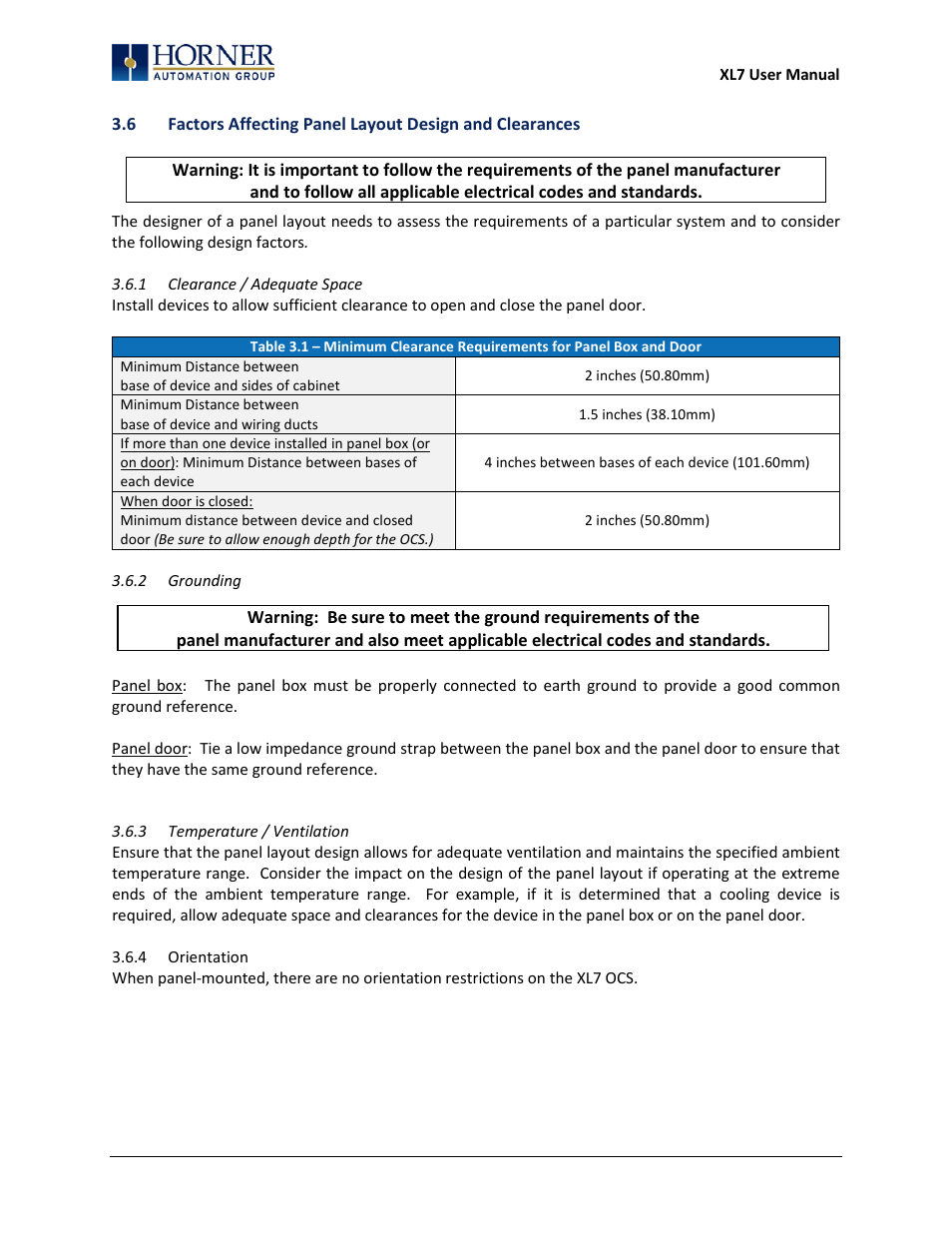 1 clearance / adequate space, 2 grounding, 3 temperature / ventilation | Horner APG XL7 OCS User Manual | Page 19 / 110