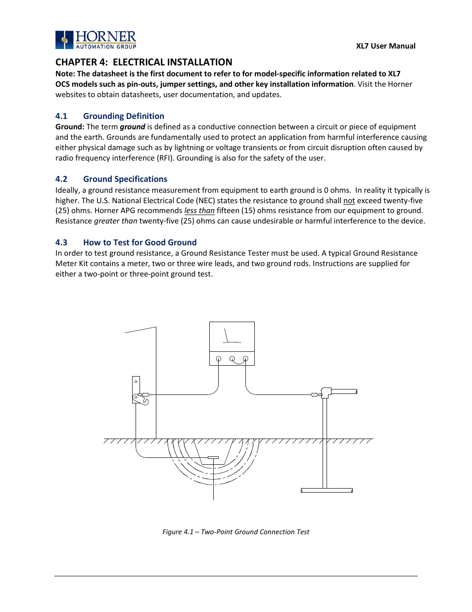 Chapter 4: electrical installation, 1 grounding definition, 2 ground specifications | 3 how to test for good ground | Horner APG XL7 OCS User Manual | Page 22 / 110