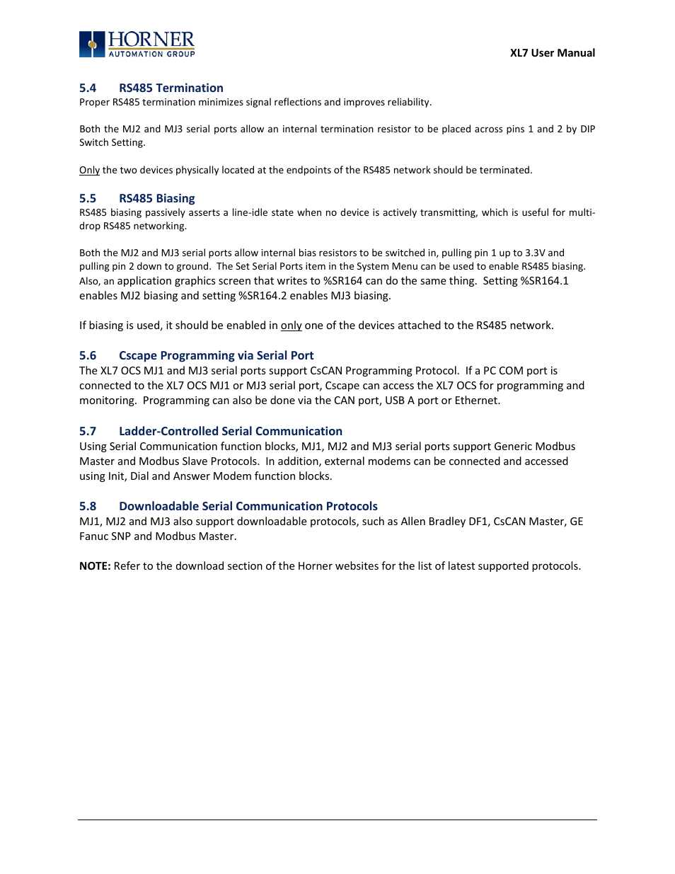 5 rs485 biasing, 6 cscape programming via serial port, 7 ladder-controlled serial communication | 8 downloadable serial communication protocols | Horner APG XL7 OCS User Manual | Page 25 / 110