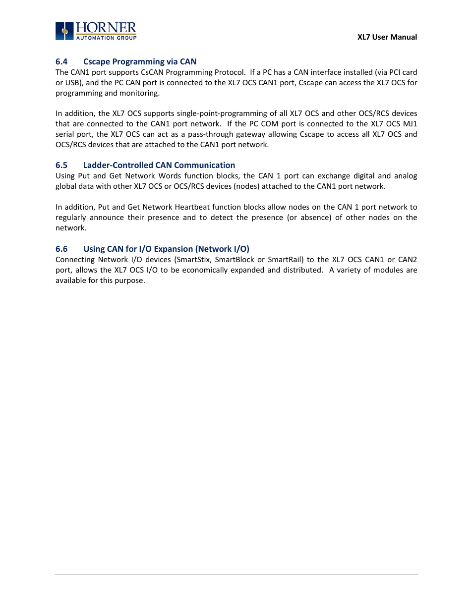 4 cscape programming via can, 5 ladder-controlled can communication, 6 using can for i/o expansion (network i/o) | Horner APG XL7 OCS User Manual | Page 27 / 110