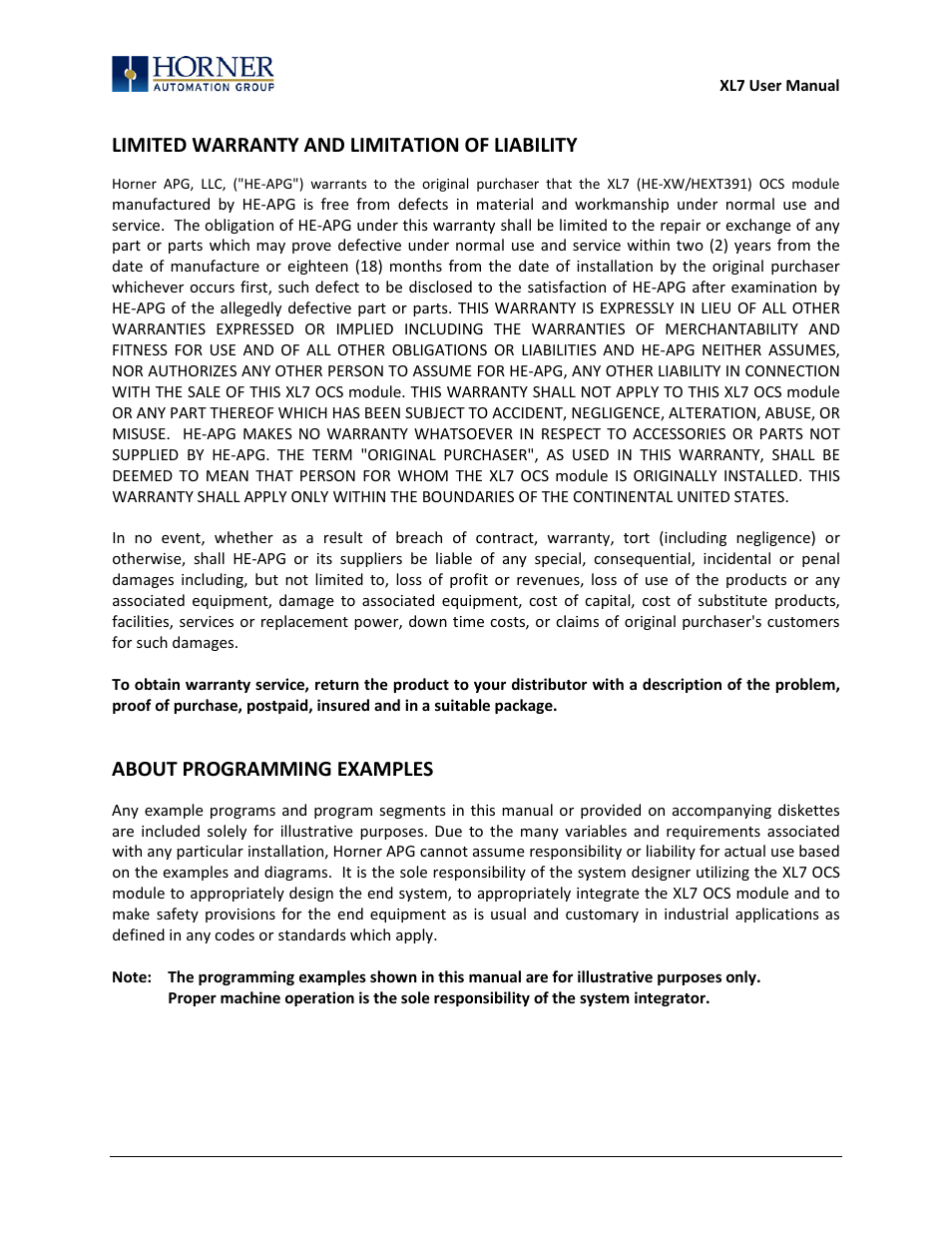 Limited warranty and limitation of liability, About programming examples | Horner APG XL7 OCS User Manual | Page 3 / 110