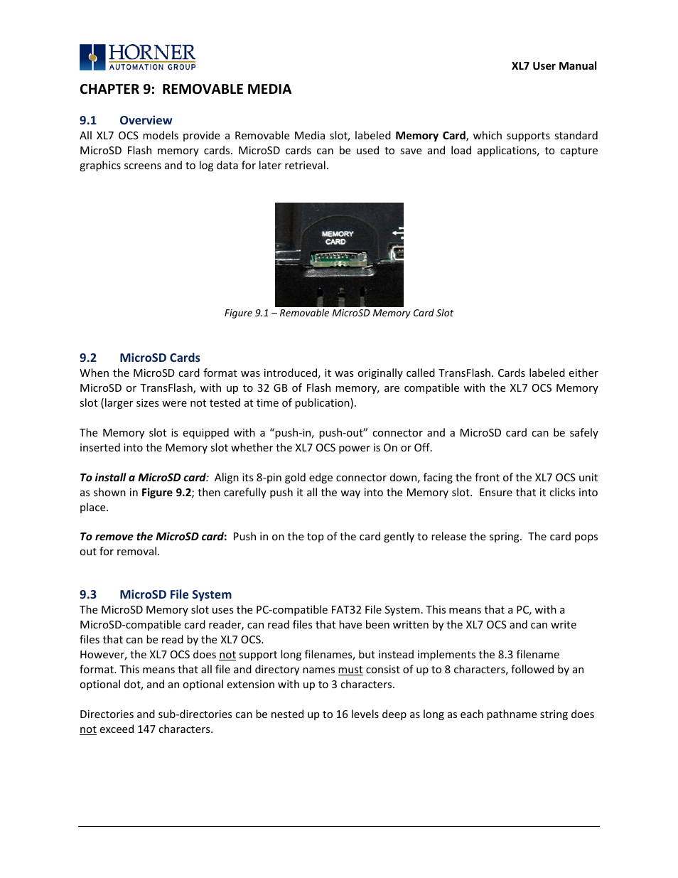 Chapter 9: removable media, 1 overview, 2 microsd cards | 3 microsd file system | Horner APG XL7 OCS User Manual | Page 34 / 110