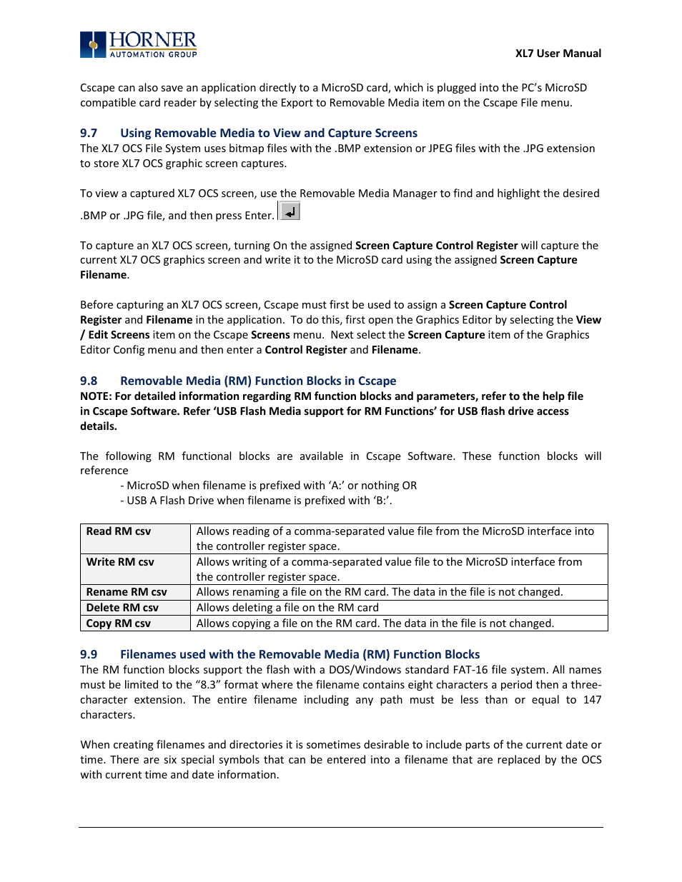 8 removable media (rm) function blocks in cscape | Horner APG XL7 OCS User Manual | Page 36 / 110