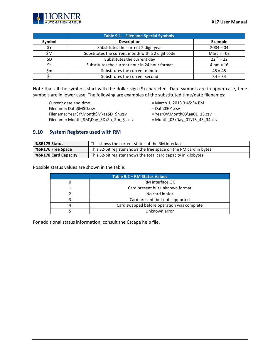 10 system registers used with rm | Horner APG XL7 OCS User Manual | Page 37 / 110