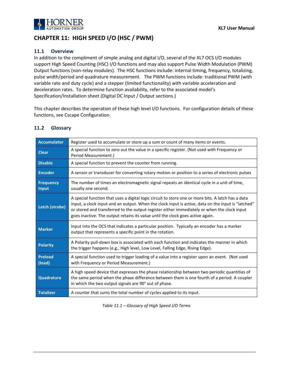 Chapter 11: high speed i/o (hsc / pwm), 1 overview | Horner APG XL7 OCS User Manual | Page 44 / 110