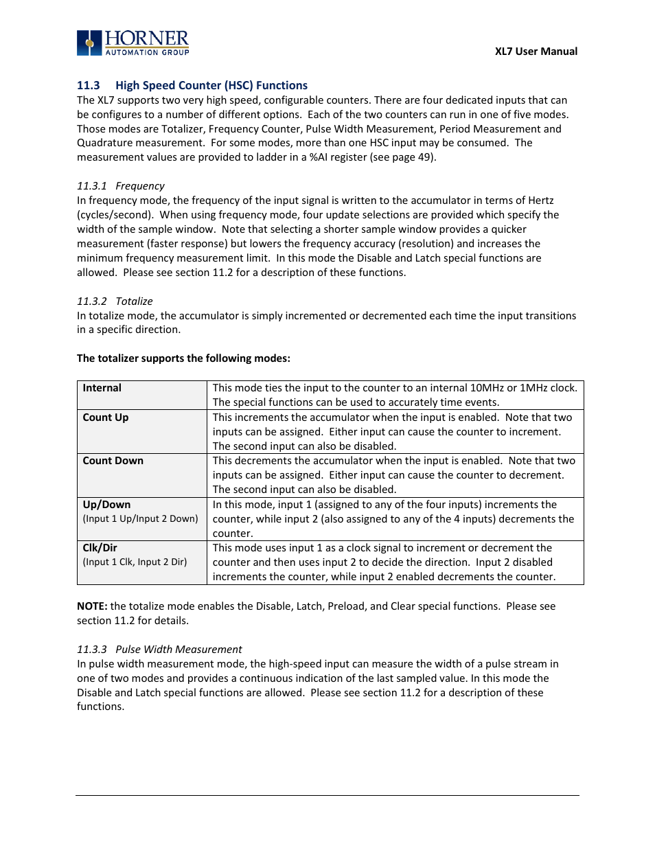 1 frequency, 2 totalize, 3 pulse width measurement | Horner APG XL7 OCS User Manual | Page 45 / 110