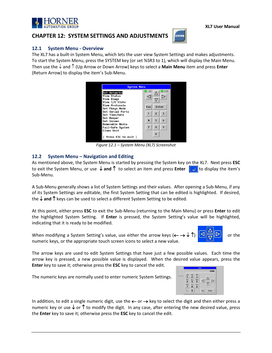 Chapter 12: system settings and adjustments, 1 system menu - overview, 2 system menu – navigation and editing | Horner APG XL7 OCS User Manual | Page 53 / 110