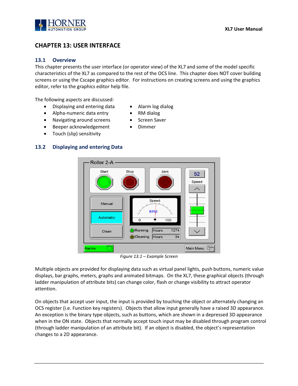 Chapter 13: user interface, 1 overview, 2 displaying and entering data | Horner APG XL7 OCS User Manual | Page 65 / 110