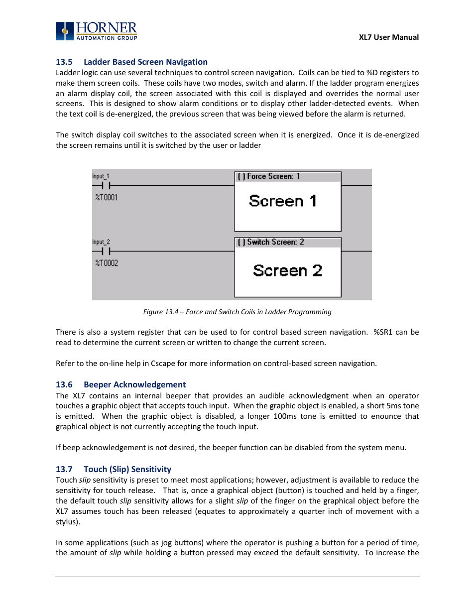 5 ladder based screen navigation, 6 beeper acknowledgement, 7 touch (slip) sensitivity | Horner APG XL7 OCS User Manual | Page 68 / 110