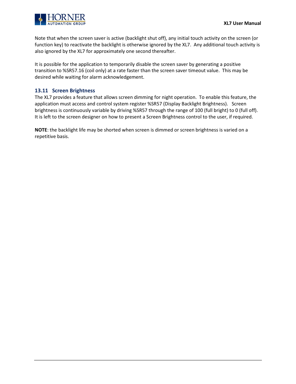 11 screen brightness | Horner APG XL7 OCS User Manual | Page 72 / 110