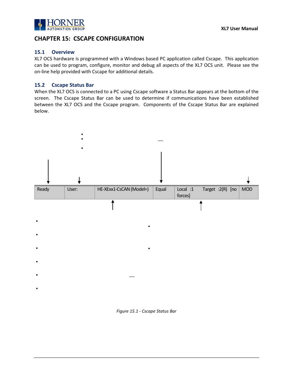 Chapter 15: cscape configuration, 1 overview, 2 cscape status bar | Horner APG XL7 OCS User Manual | Page 79 / 110