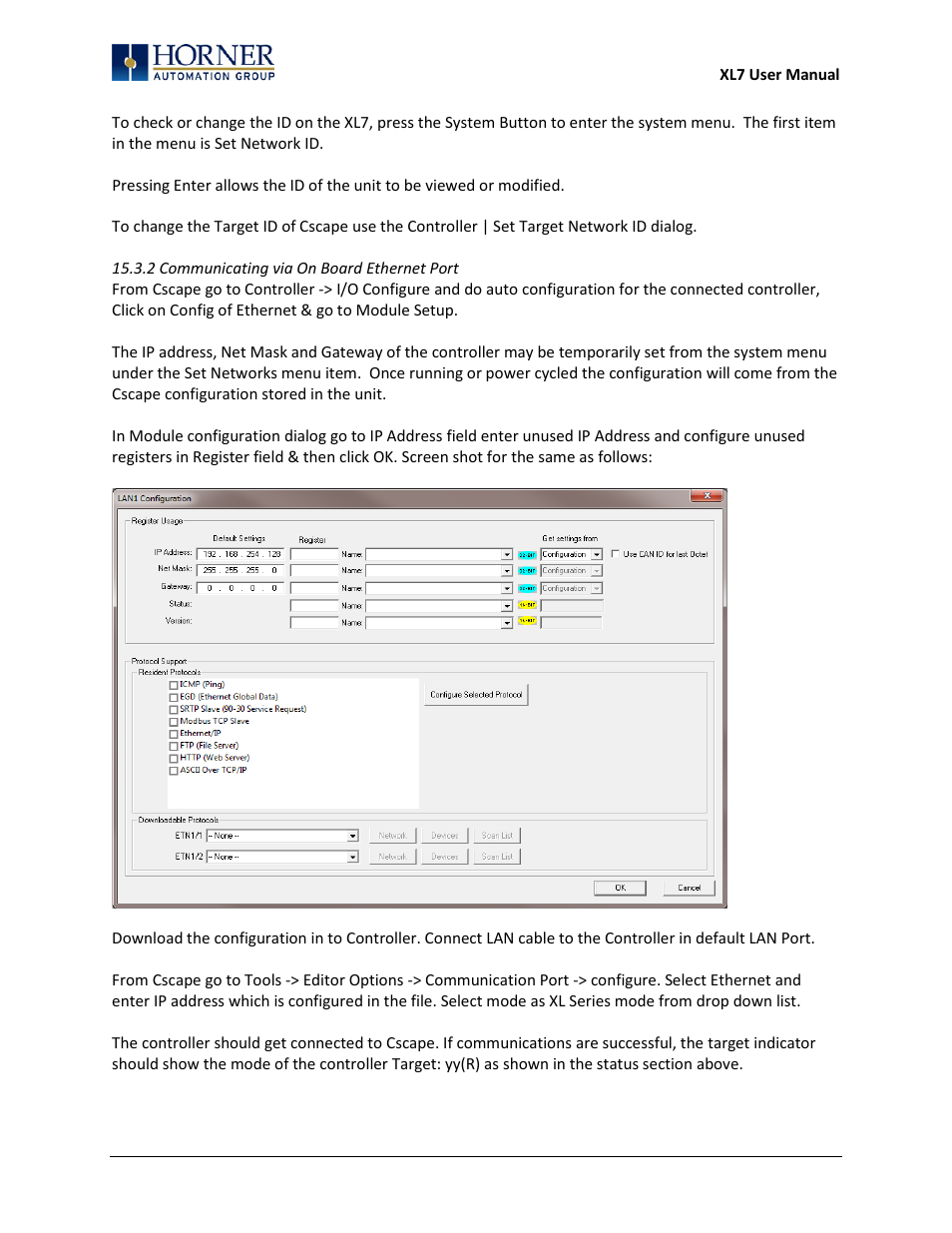 2 communicating via on board ethernet port | Horner APG XL7 OCS User Manual | Page 84 / 110
