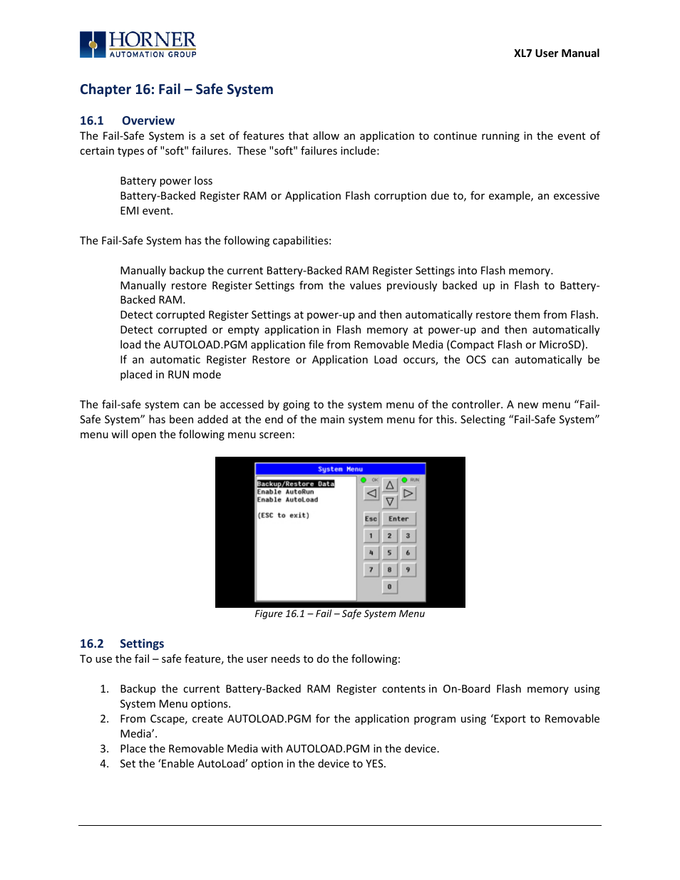 1 overview, 2 settings, Chapter 16: fail – safe system | Horner APG XL7 OCS User Manual | Page 89 / 110