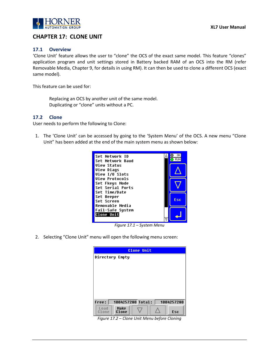 Chapter 17: clone unit, 1 overview, 2 clone | Horner APG XL7 OCS User Manual | Page 96 / 110