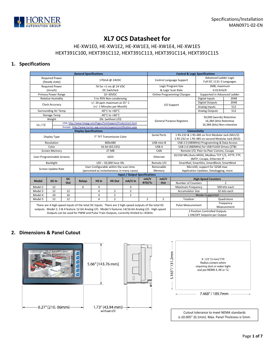 Horner APG XL7 OCS User Manual | 7 pages